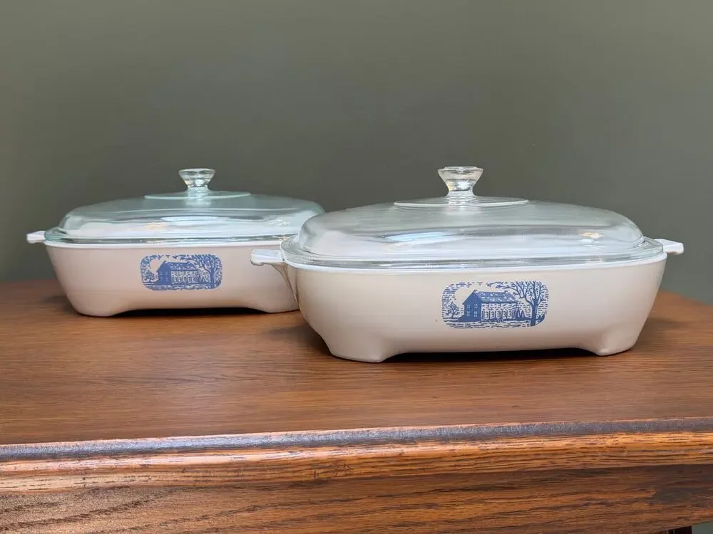 Set of 4 Vintage CorningWare Colonial House 11” Browning Skillets W/ Pyrex Lids